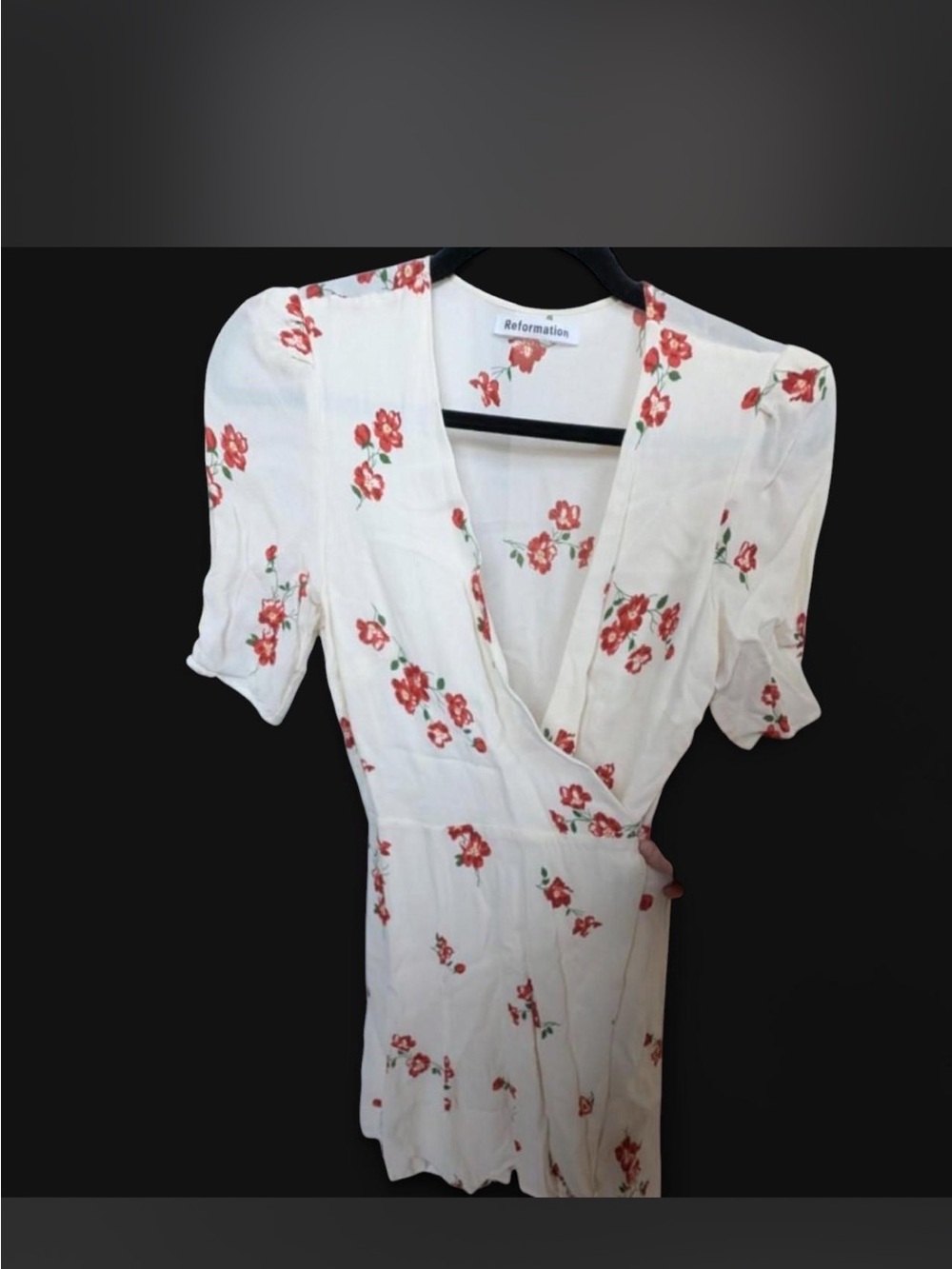 Reformation Cream Wrap Midi Dress with Red Floral Print small